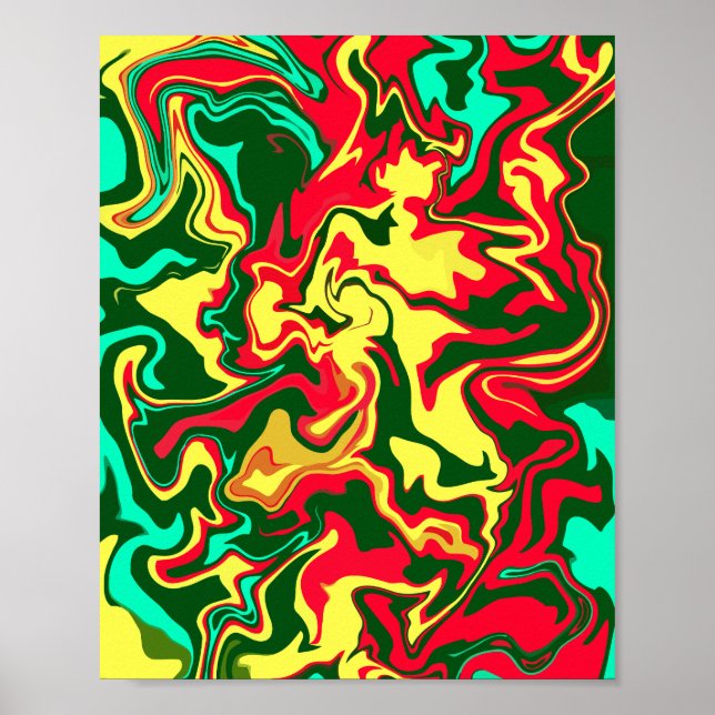 Affiche Art Abstrait rouge, jaune et vert (Devant)