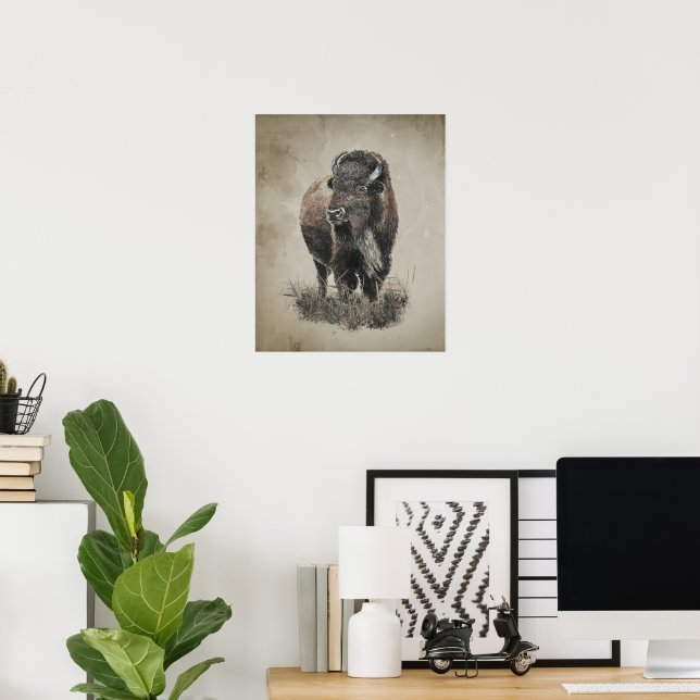 Affiche Art animalier bison buffle à l'aquarelle aspect vi (Bureau à domicile)