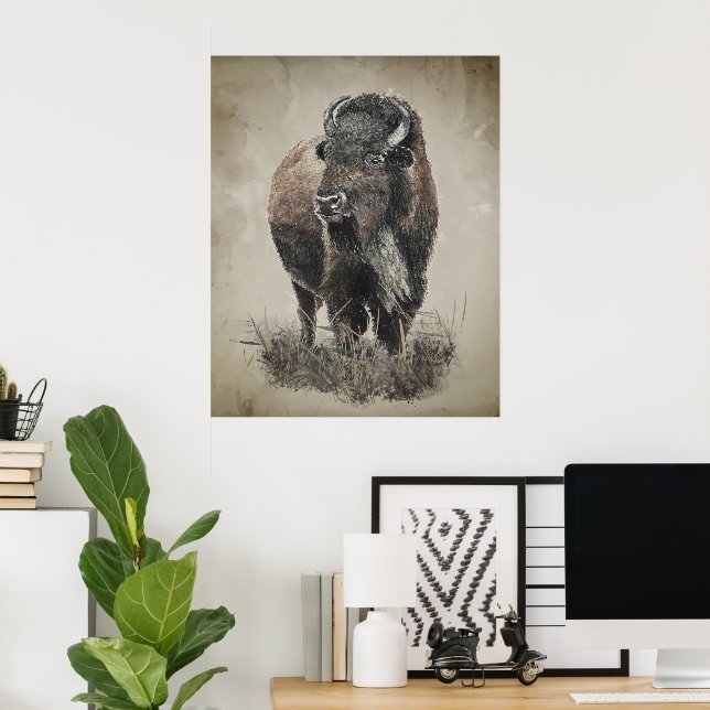 Affiche Art animalier bison buffle à l'aquarelle aspect vi (Bureau à domicile)