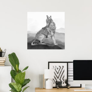 Affiche Art animalier coyote hurlant aquarelle