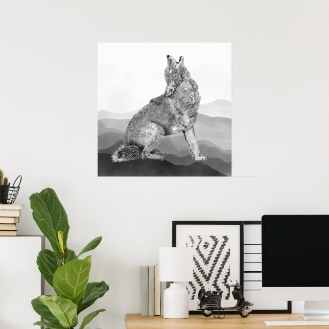 Affiche Art animalier coyote hurlant aquarelle (Bureau à domicile)