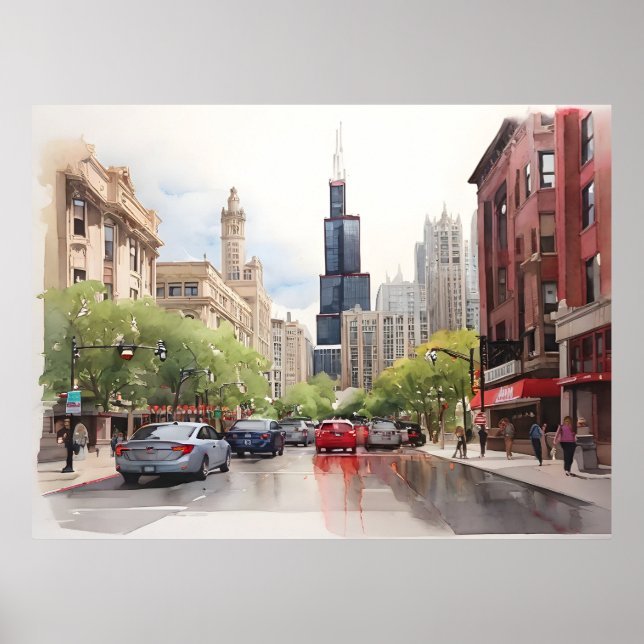 Affiche art aquarelle Chicago (Devant)