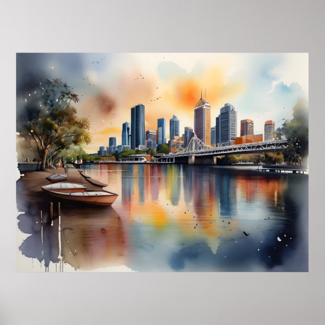 Affiche art aquarelle de Brisbane (Devant)