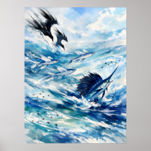 Affiche Art aquarelle de la faune de la surface de l'océan
