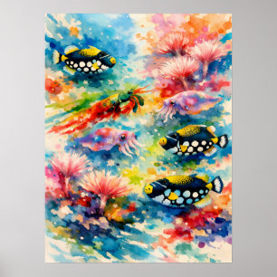 Affiche Art aquarelle de la faune du lagon de corail