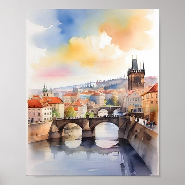 Affiche art aquarelle de Prague (Devant)