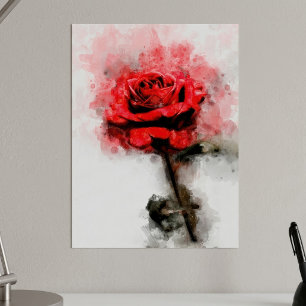 Affiche Art aquarelle de rose rouge sur fond blanc