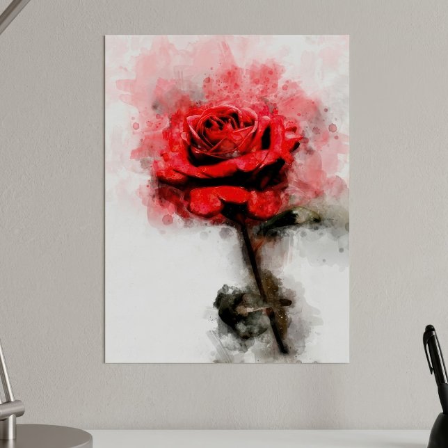 Affiche Art aquarelle de rose rouge sur fond blanc (Red Rose Watercolor Art on White Background. Poster)