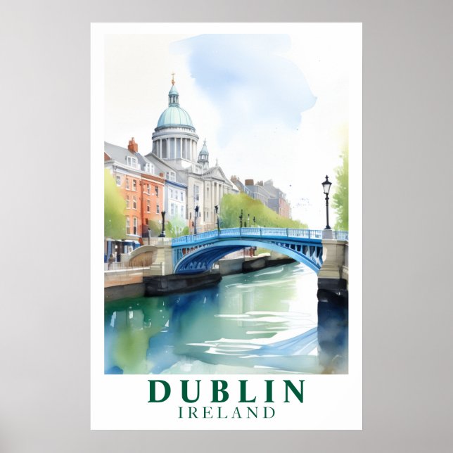 Affiche Art aquarelle du pont de Dublin en Irlande (Devant)