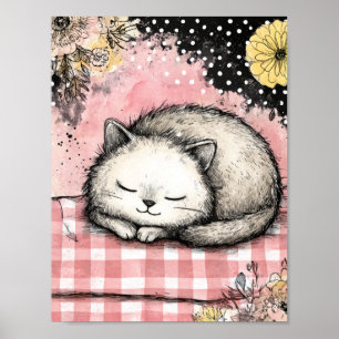 Affiche Art aquarelle florale de chat fantaisiste