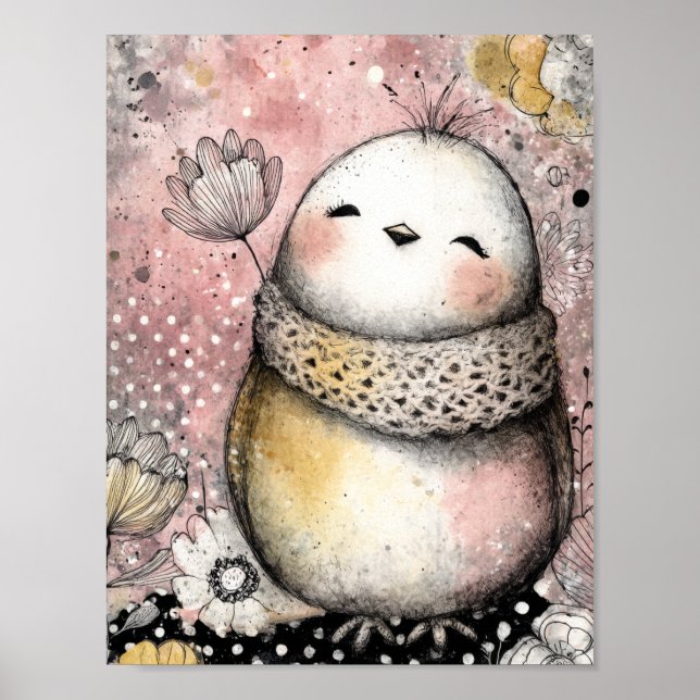 Affiche Art aquarelle florale de chouette fantaisiste (Devant)