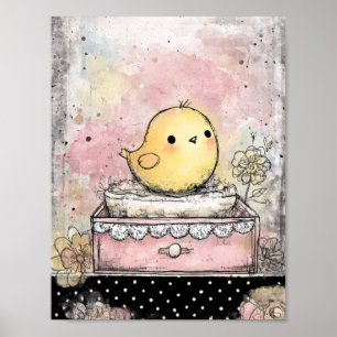 Affiche Art aquarelle florale de poussin fantaisiste