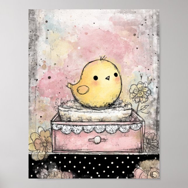 Affiche Art aquarelle florale de poussin fantaisiste (Devant)