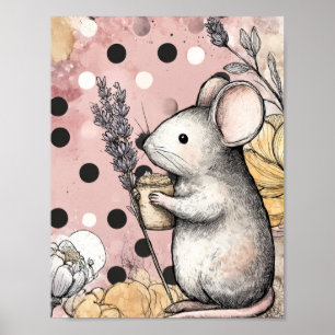 Affiche Art aquarelle florale de souris fantaisiste