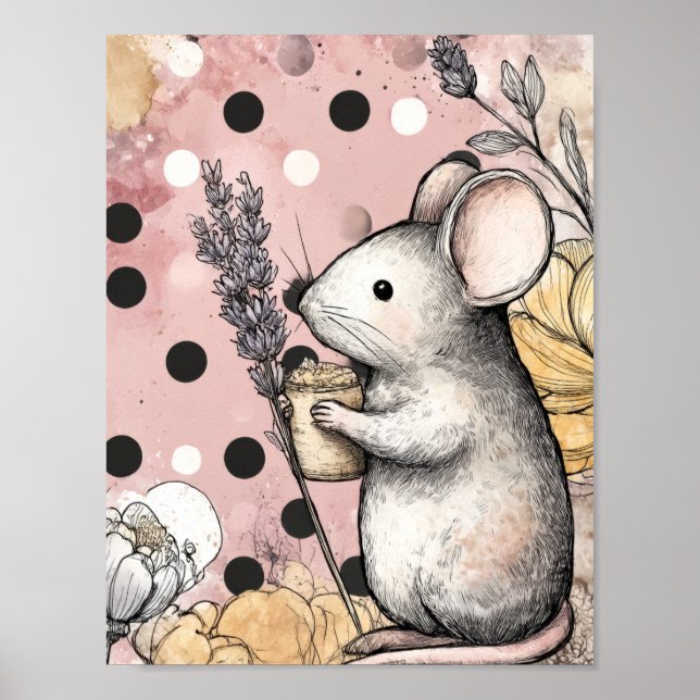 Affiche Art aquarelle florale de souris fantaisiste (Devant)