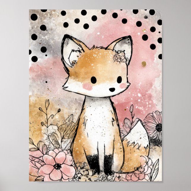 Affiche Art aquarelle florale renard fantaisiste (Devant)