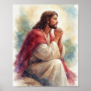 Affiche Art aquarelle Jésus en prière   Foi chrétienne