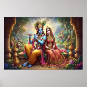 Affiche Art Blue Krishna : Radha & Dieu Flûte, Dieu indien