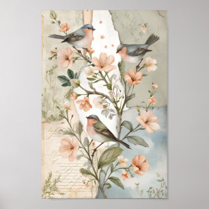 Affiche Art botanique d'oiseau découpage chic shabby vinta