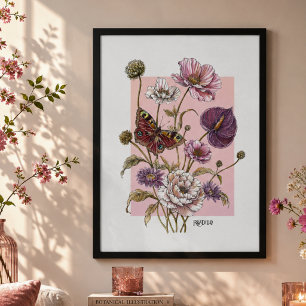Affiche Art botanique papillon floral fantaisiste