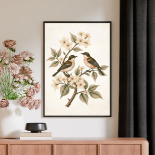 Affiche Art botanique vintage de fleurs et d'oiseaux