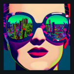 Affiche Art coloré Femme dans lunettes de soleil Ville Réf<br><div class="desc">Jolie dame regardant la ville à travers ses gros lunettes de soleil croustillantes avec un reflet de la ville coloré art de l'IA.</div>