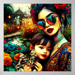 Affiche Art coloré Maman et fille Jardin de fleurs asiatiq