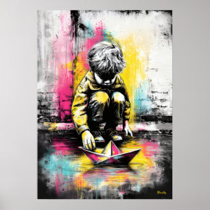 Affiche Art contemporain urbain d'enfant émotionnel bateau