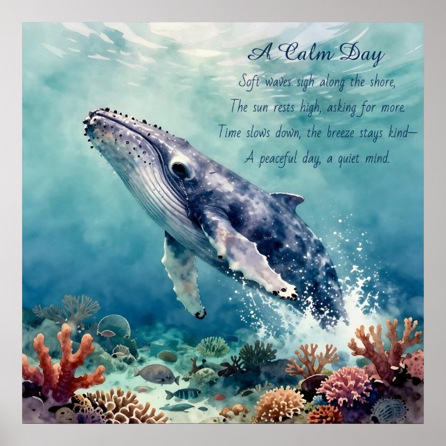 Affiche Art côtier à l'aquarelle de baleine bleue océaniqu (Devant)