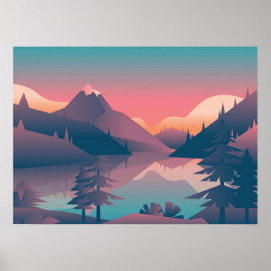 Affiche Art - Coucher de soleil avec montagnes et arbres -