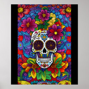 Affiche Art crâne de sucre - Fiesta florale
