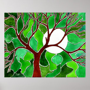 Affiche Art d'arbre et de lune sur la toile - vert
