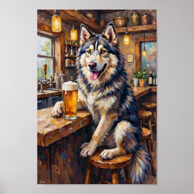 Affiche Art de bar Malamute d'Alaska, Art de chien drôle q (Devant)