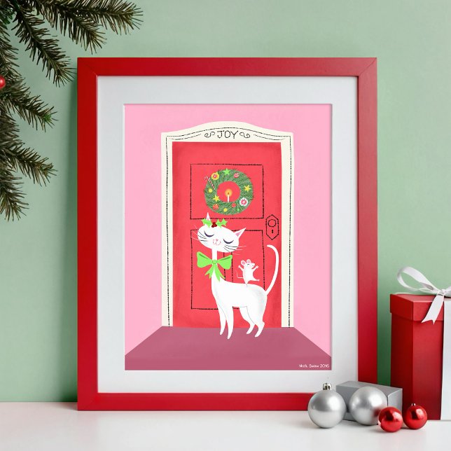 Affiche Art de Chat et de Souris blanc (Red frame is for display only.)