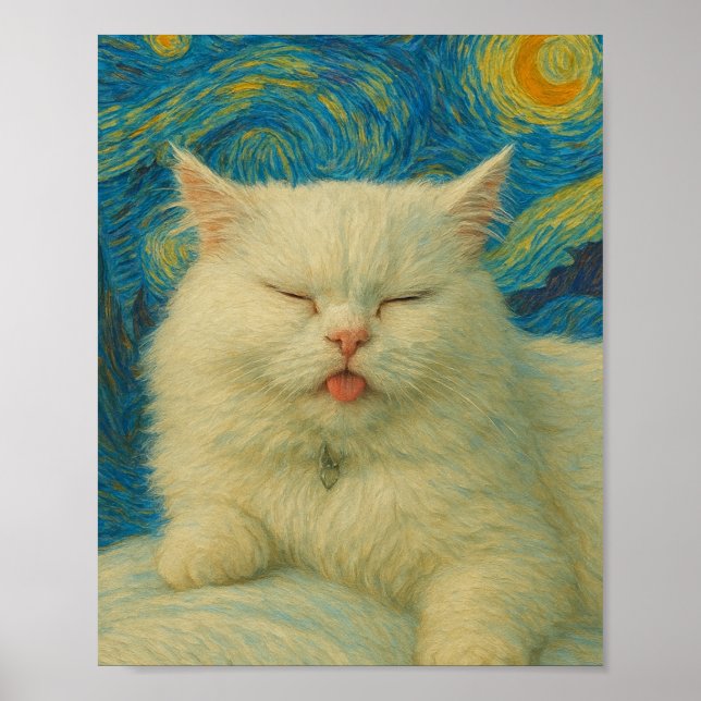 Affiche Art de chat inspiré de Van Gogh – Chat blanc sous  (Devant)