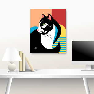 Affiche Art de chat noir et blanc stylisé