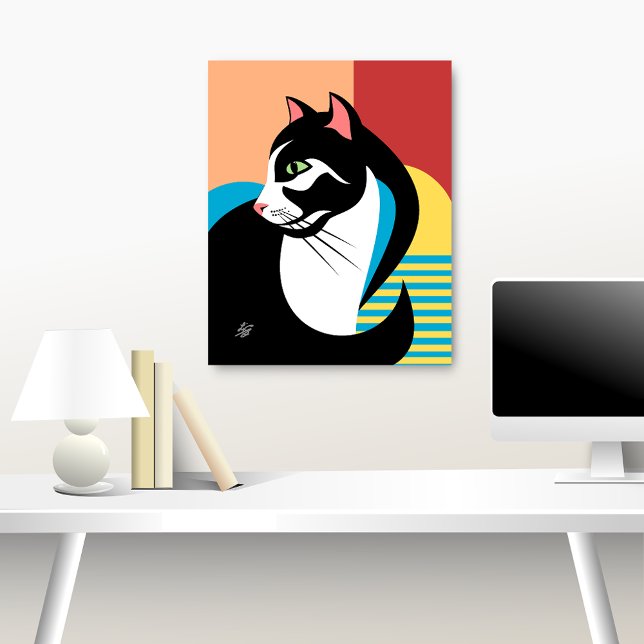 Affiche Art de chat noir et blanc stylisé (Abstract cat art over desk)