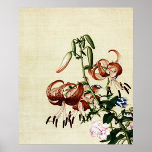 Affiche Art de Chinoiserie Vintage Tiger Lily et Paeonia