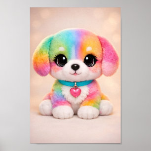 Affiche Art de chiot kawaii arc-en-ciel pastel avec cœur
