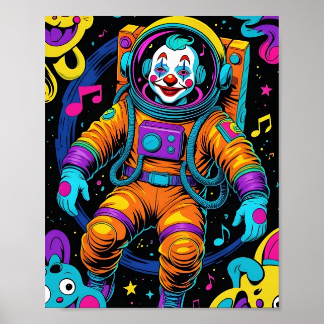 Affiche Art de clown astronaute psychédélique coloré (Devant)