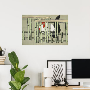 Affiche Art de coq japonais vintage derrière une clôture e