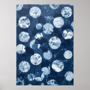 Affiche Art de cyanotype indigo ginkgo fleur sauvage clair