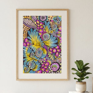 Affiche Art de doodle vibrant coloré boho floral à plumes