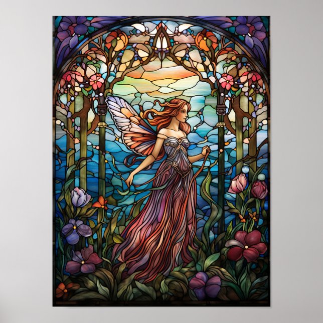 Affiche Art de fenêtre en verre teinté de fée de la forêt  (Devant)