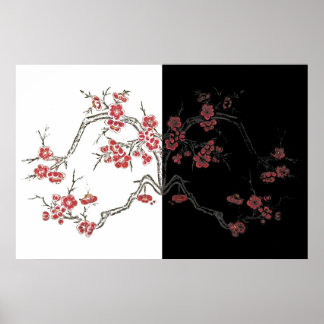 Affiche Art de fleur de cerisier rose noir et blanc vintag