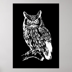 Affiche Art de hibou noir et blanc