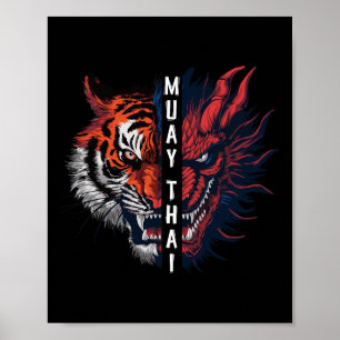 Affiche Art de kickboxing Muay Thai Tête de Dragon et Tigr