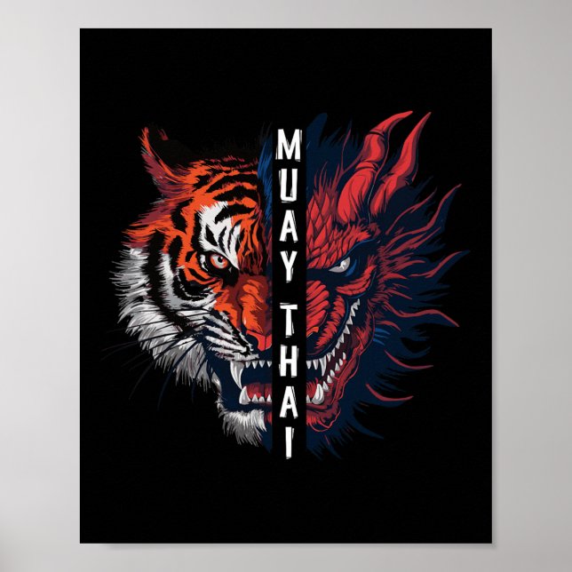 Affiche Art de kickboxing Muay Thai Tête de Dragon et Tigr (Devant)