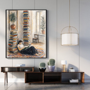 Affiche Art de la bibliothèque   empilement de livres   ca