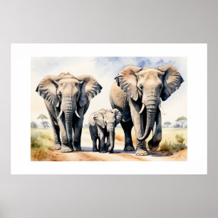 Affiche Art de la faune à l'aquarelle sur la famille des é